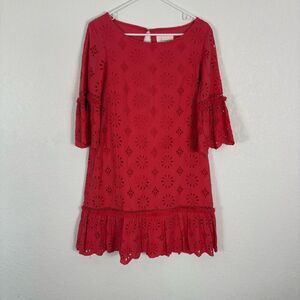 Anthropologie Dark Pink Eyelet Cutout Bell Sleeve Dress Women's Size US 0